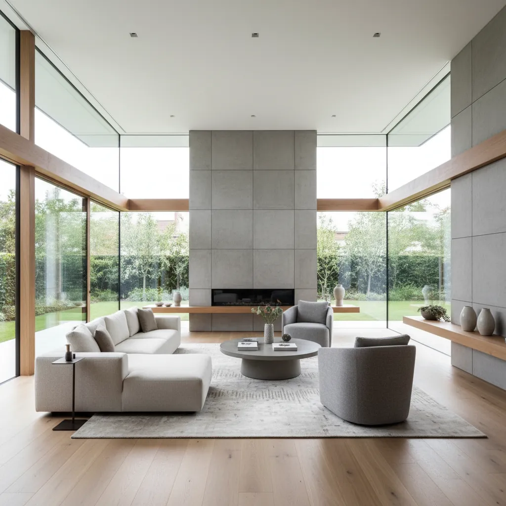 Salón moderno de casa de diseño con espacios abiertos y luz natural