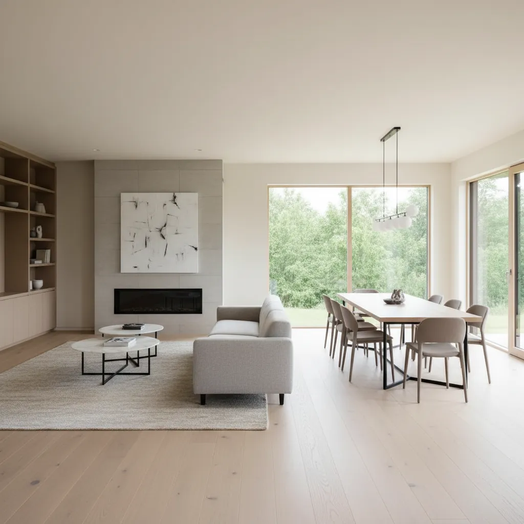 Sala de estar moderna con comedor integrado en una casa de un piso