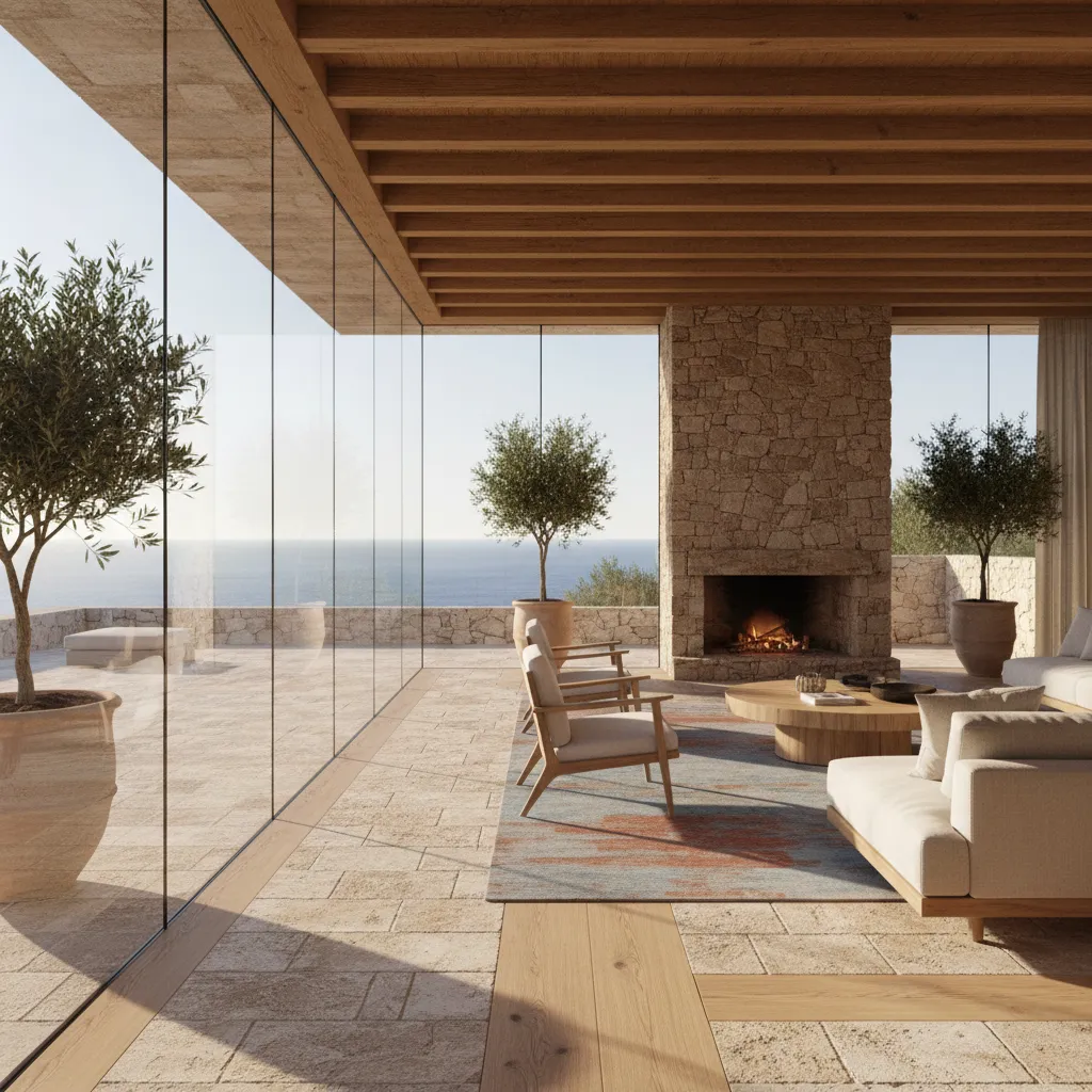 Salón moderno abierto con grandes ventanales y terraza