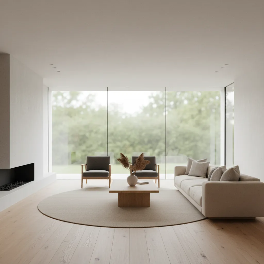 Minimalist living room with beige sofa round rug wooden coffee table two chairs and windows