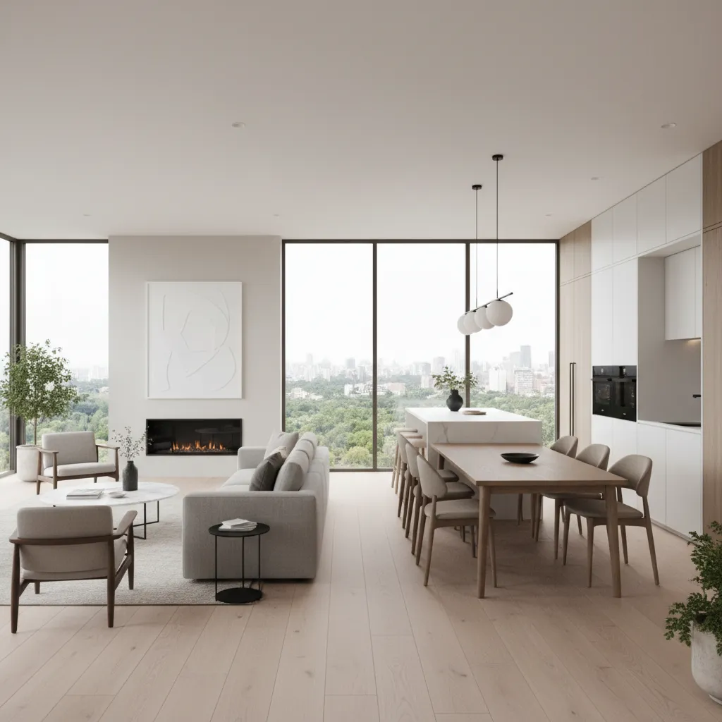Salón moderno con cocina abierta y grandes ventanales