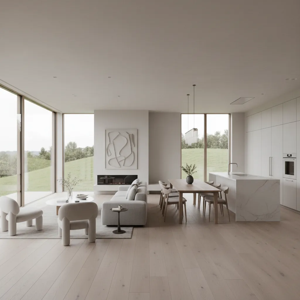 Salón moderno de planta abierta conectado con comedor y cocina