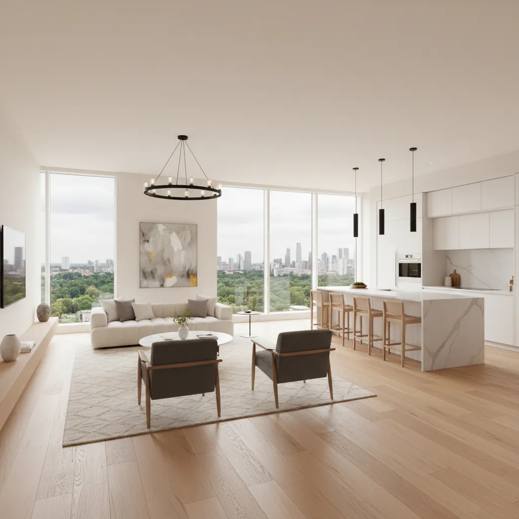 Salón moderno con cocina abierta y grandes ventanales