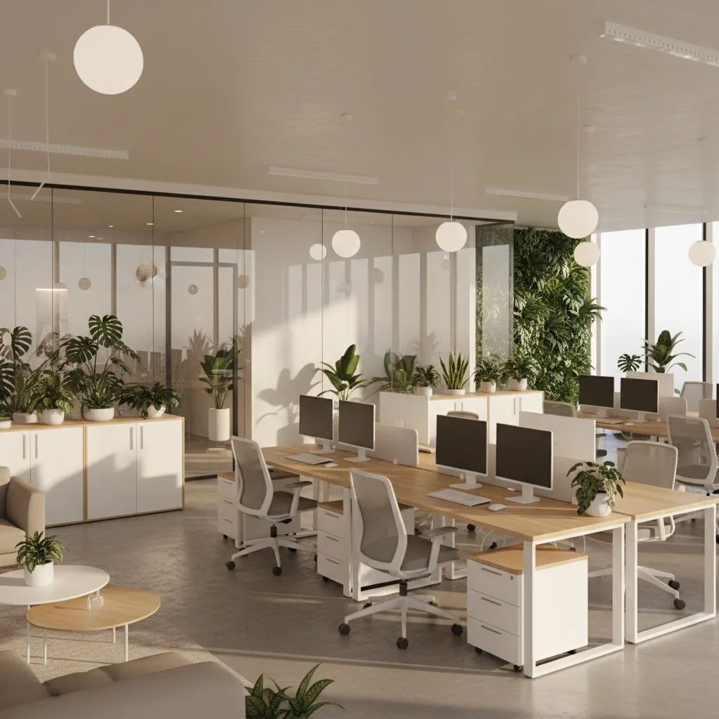 Espacio de oficina abierta con escritorios colaborativos