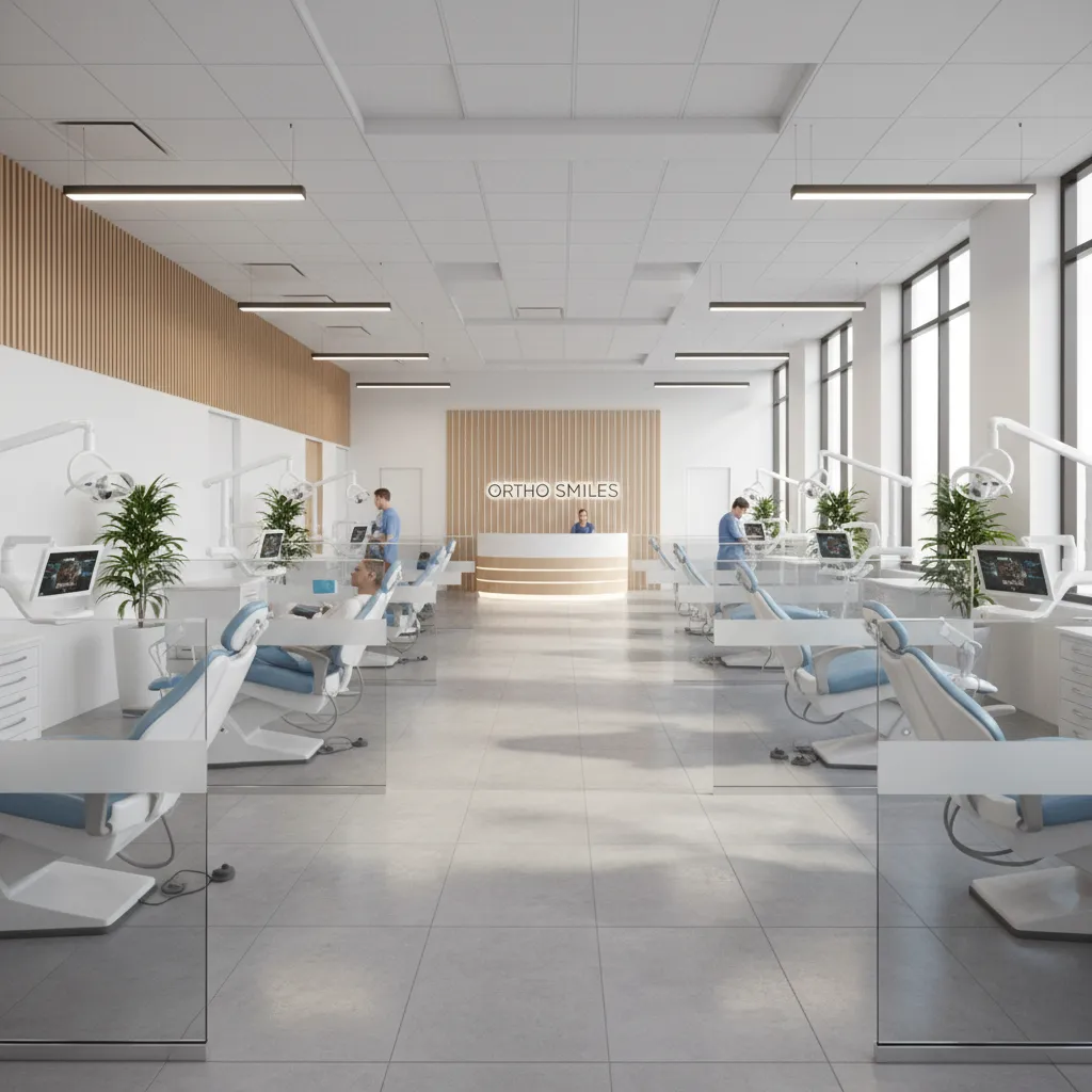 Open orthodontic treatment area with multiple chairs and glass partitions