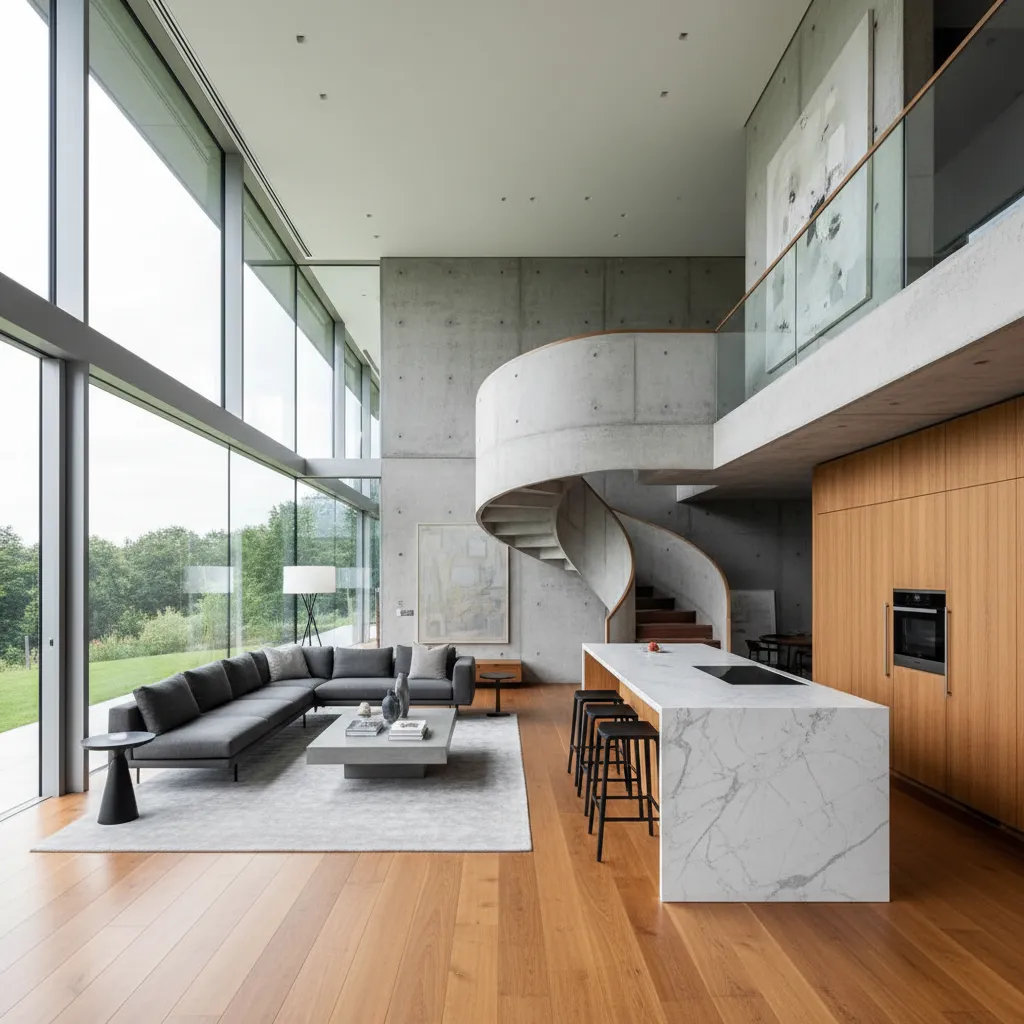 Interior de casa moderna con planta abierta y grandes ventanales