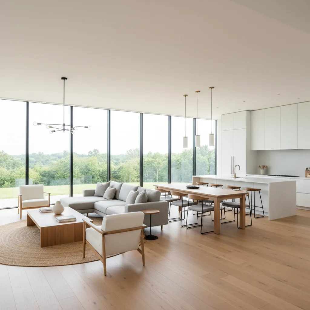 Interior de casa moderna con salón, comedor y cocina integrados