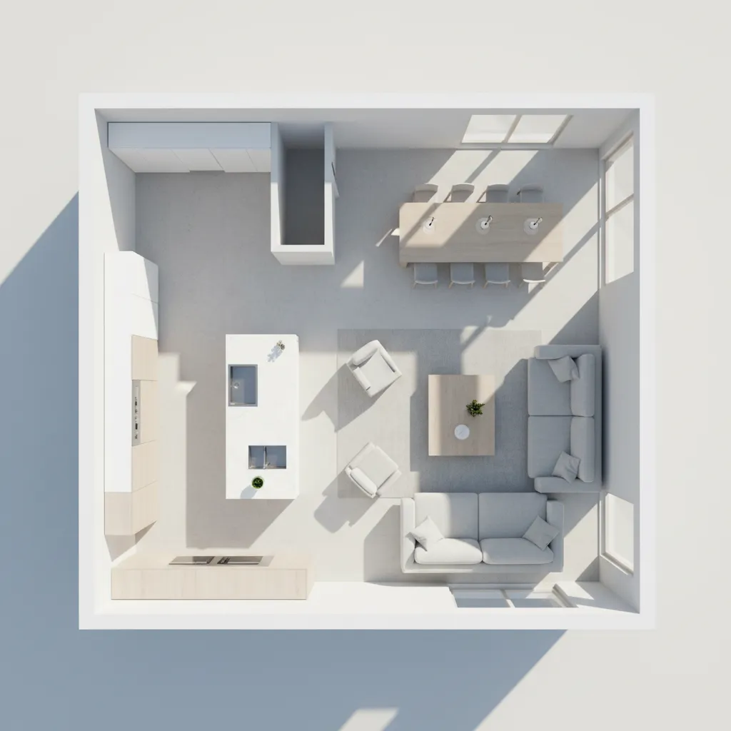 Plano abierto de casa moderna con salón comedor y cocina conectados