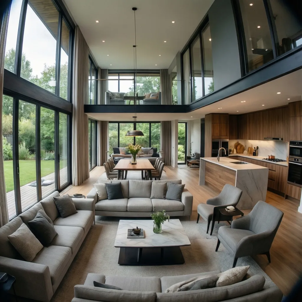 Large open room layout with grey sofas kitchen island dining table and large glass windows