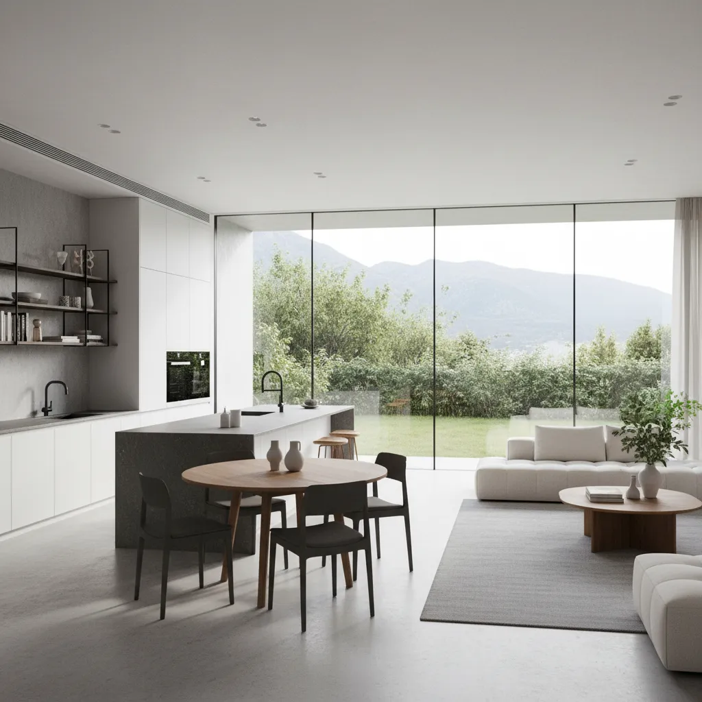 Distribución de salón comedor y cocina en plano abierto moderno