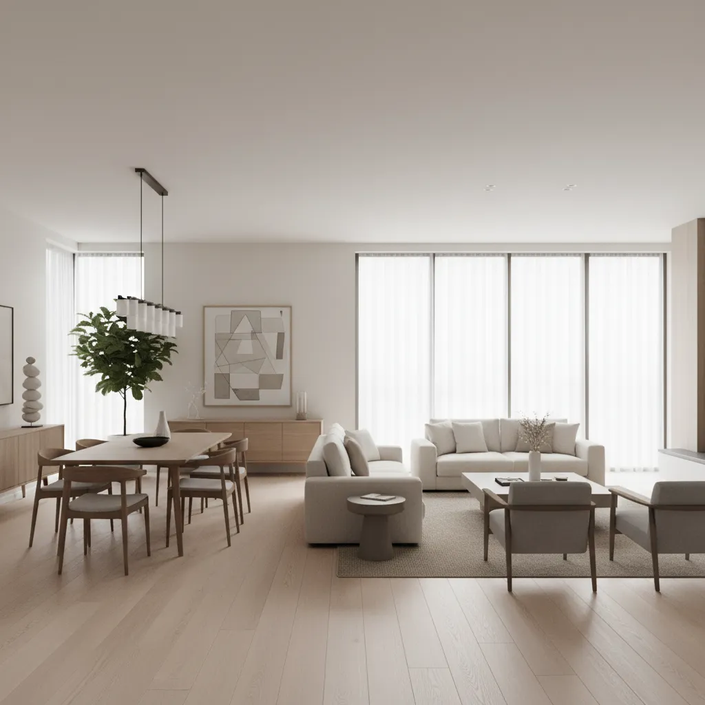 Salón moderno integrado con comedor en casa de una planta