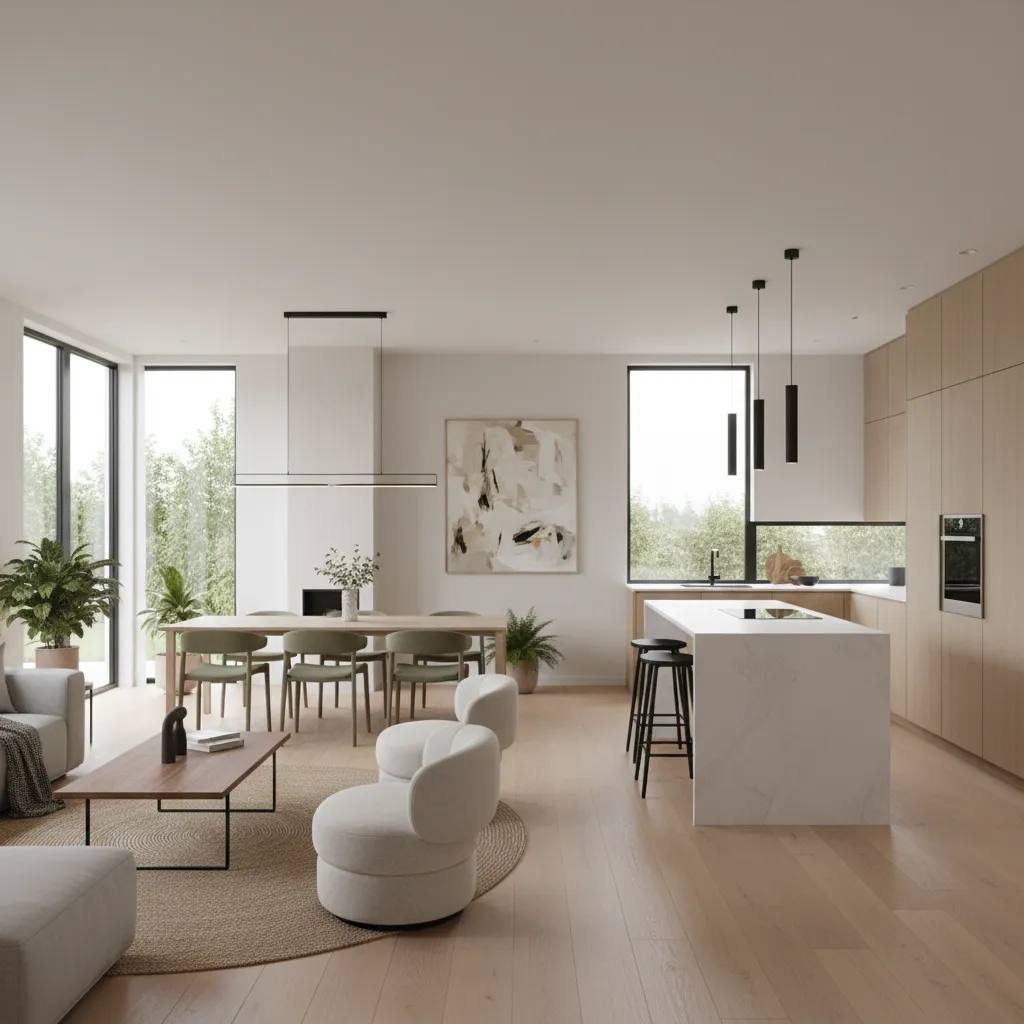 Interior moderno de casa de una planta con salón y cocina abierta
