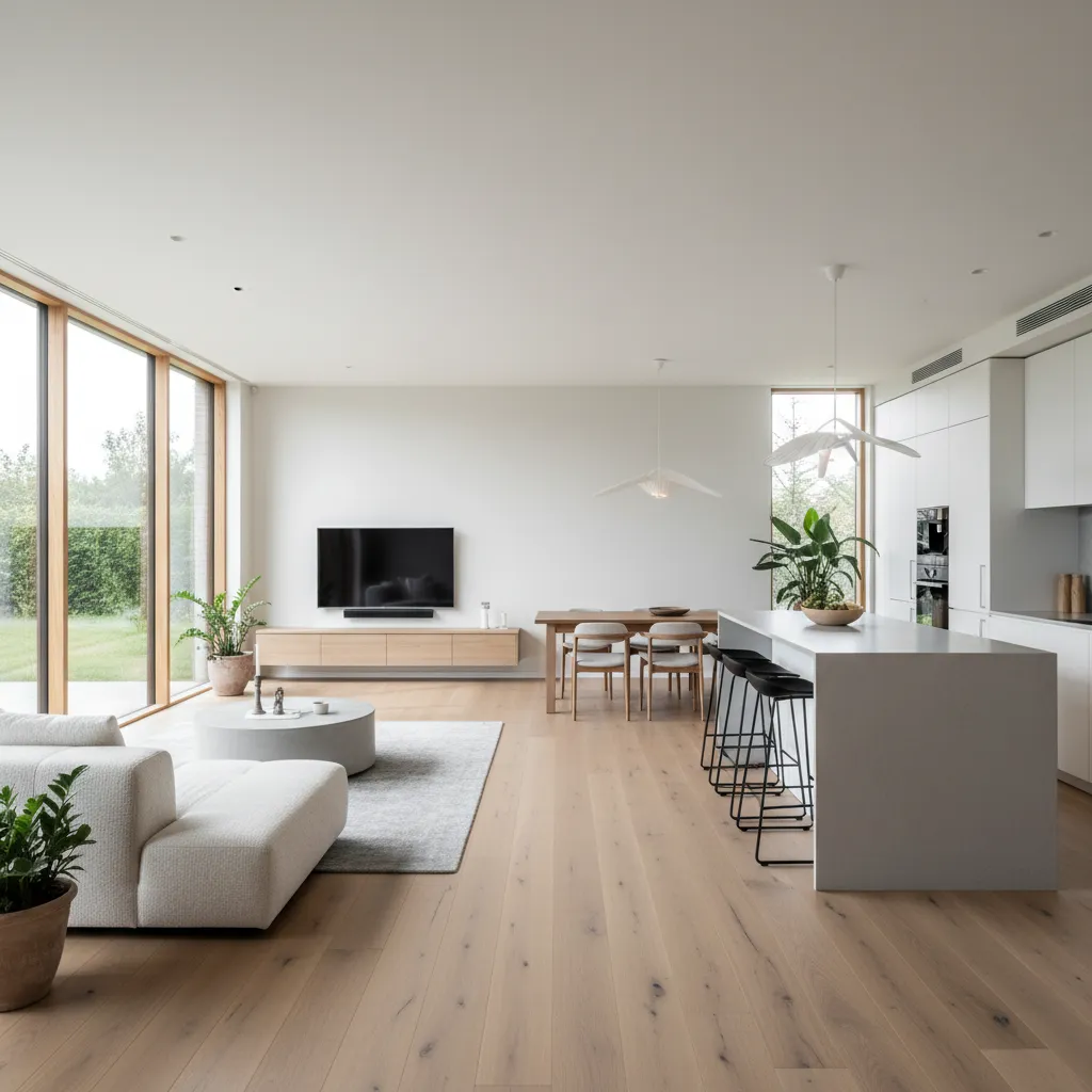 Espacio abierto en casa moderna de una planta con cocina y salón conectados