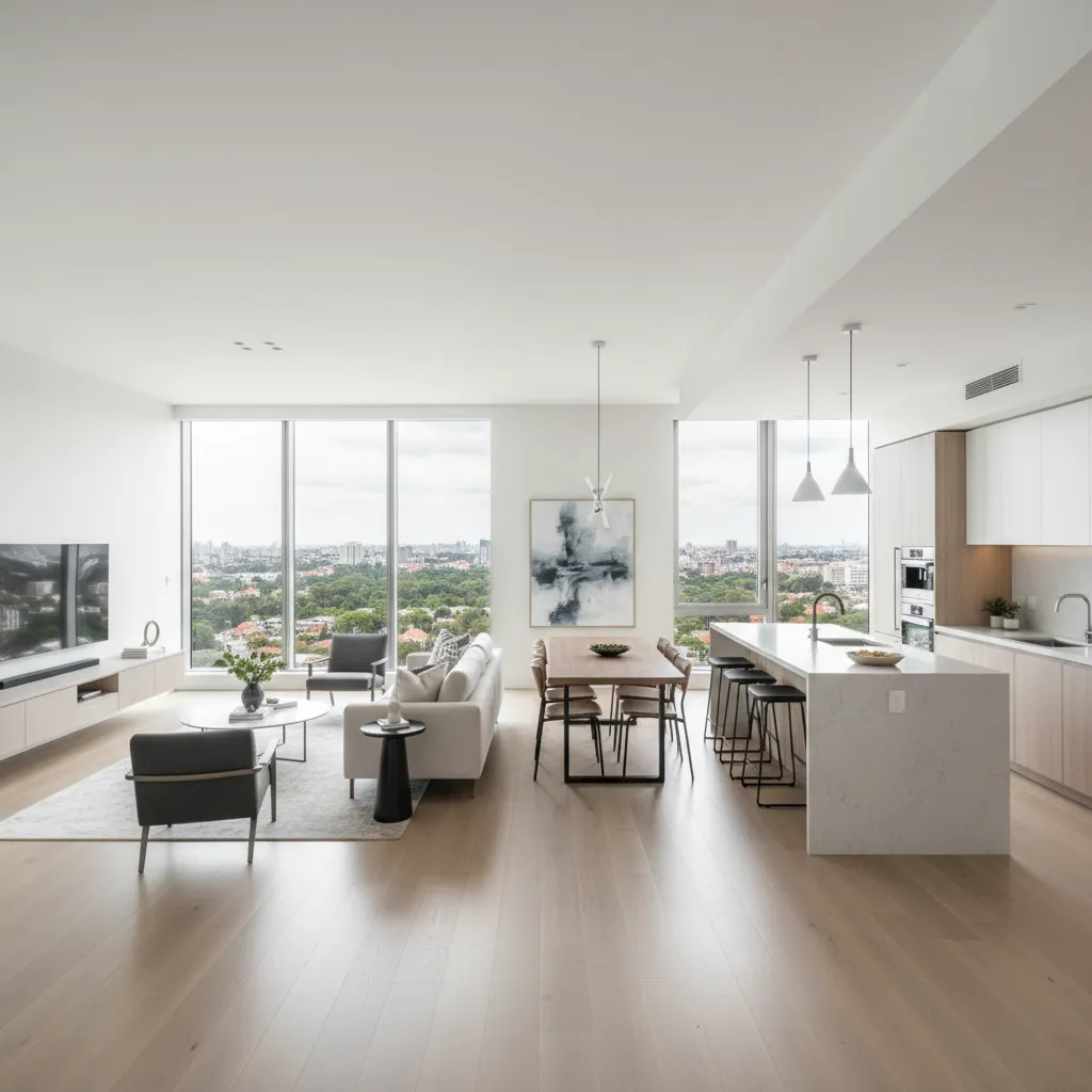 Sala moderna con cocina abierta y grandes ventanas