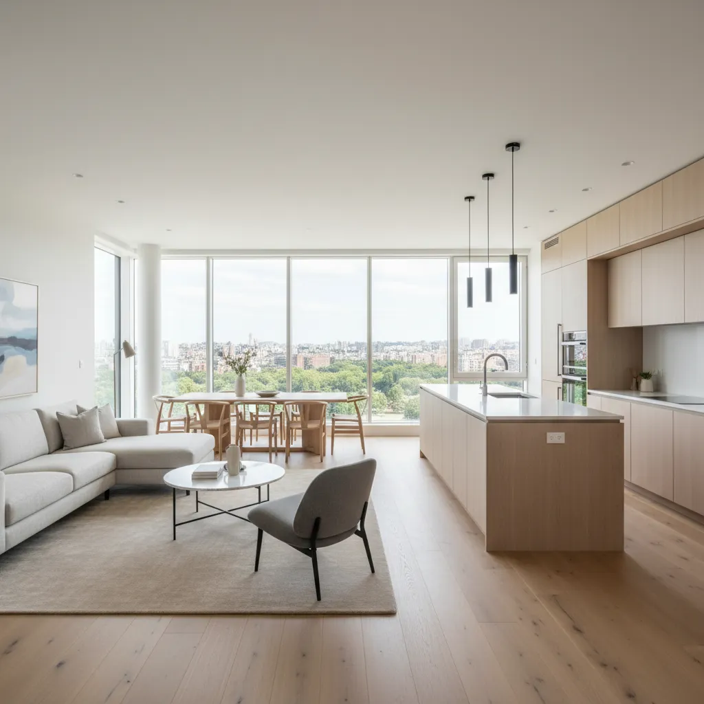 Salón moderno con cocina abierta y gran entrada de luz natural