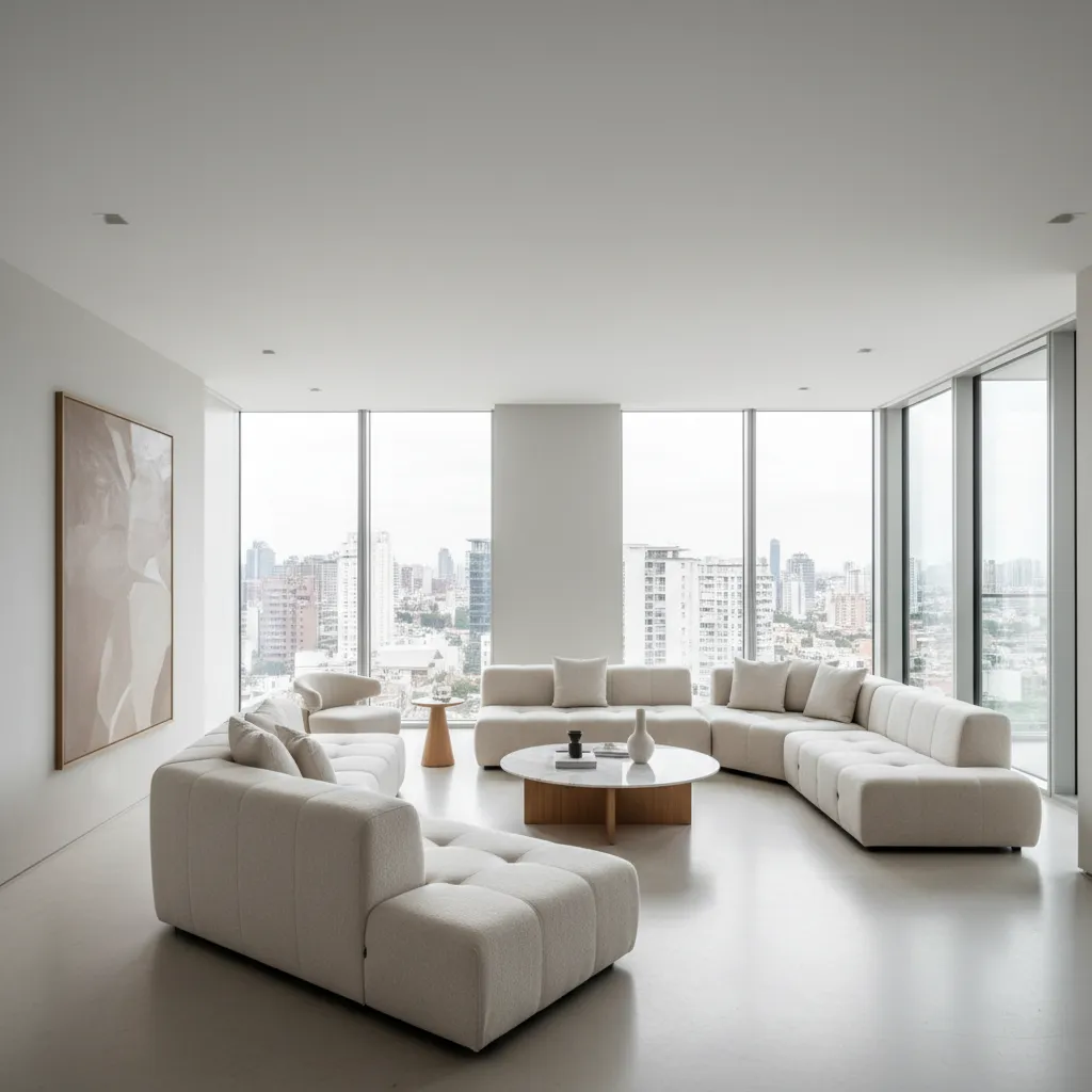Modern open plan living room showing clear layout zones and minimalist furniture arrangement