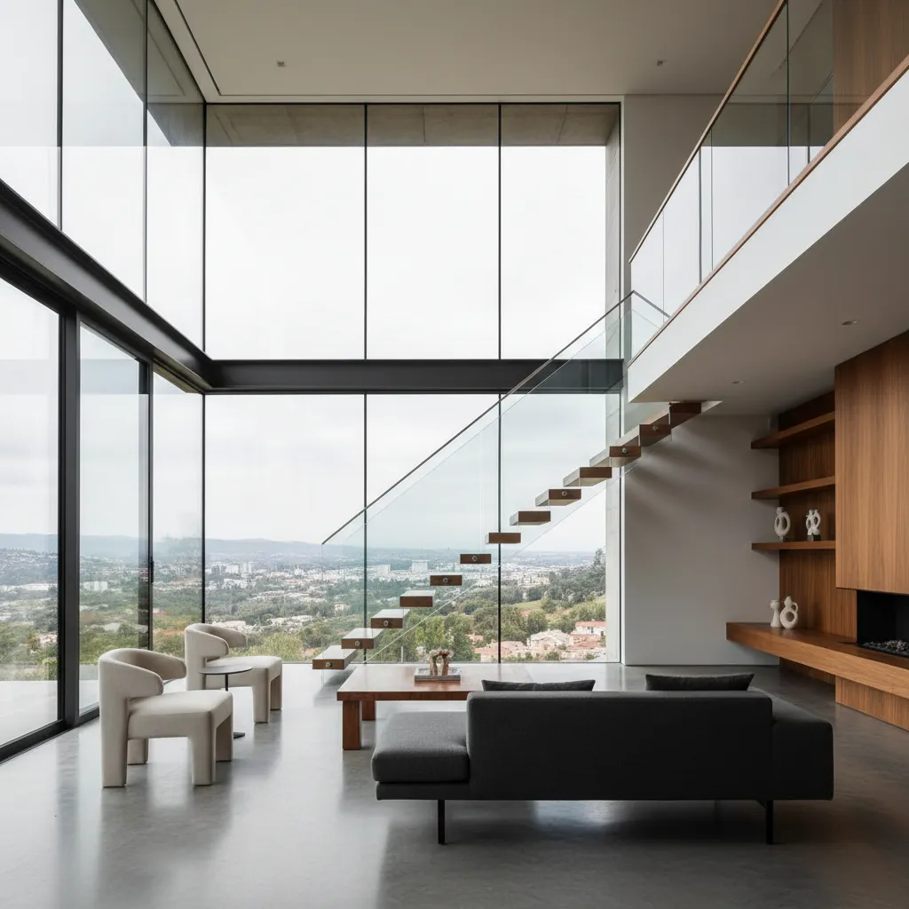 Interior de casa vanguardista con salón abierto y grandes ventanales