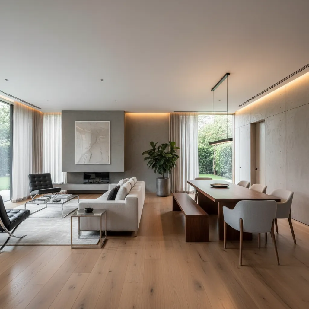Modern open living room with white sofa wooden floor dining table plant and large windows