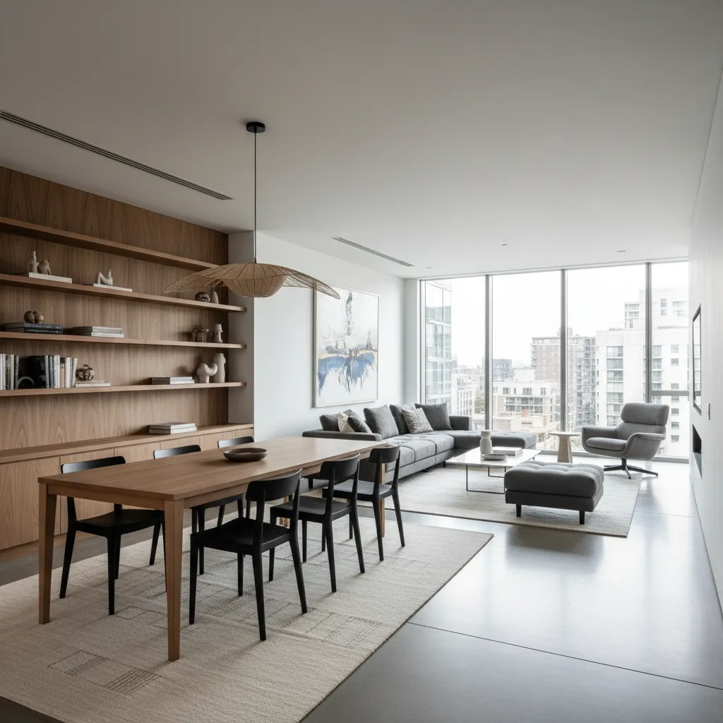 Espacio abierto moderno con salón y comedor conectados