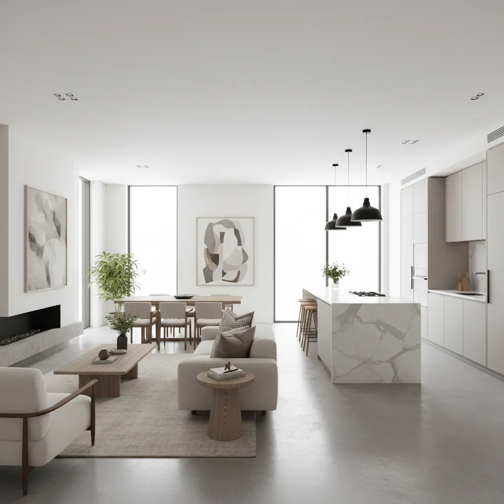 Espacio abierto moderno con cocina y salón integrados
