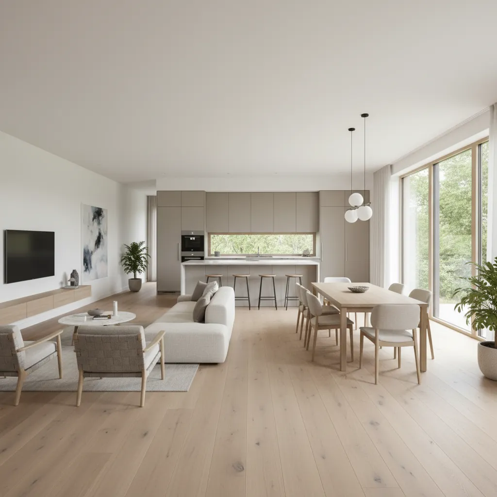 Salón moderno con espacio abierto conectado a comedor y cocina