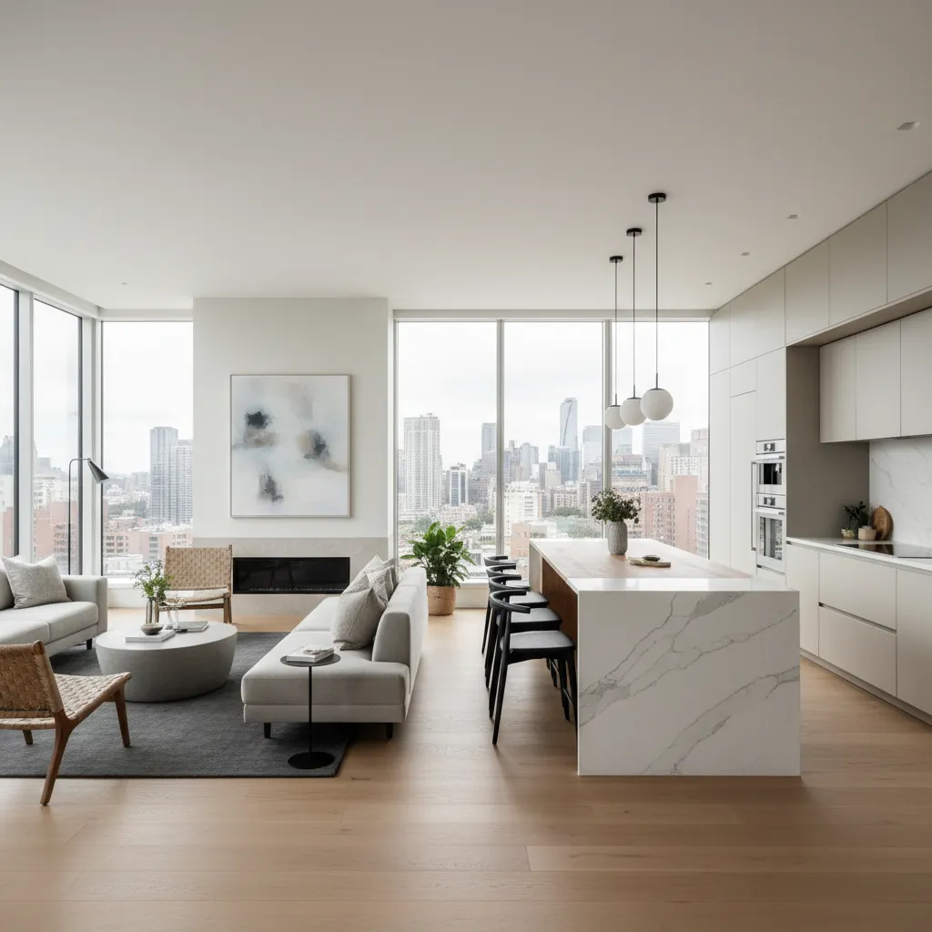 interior de casa moderna con salón y cocina abierta