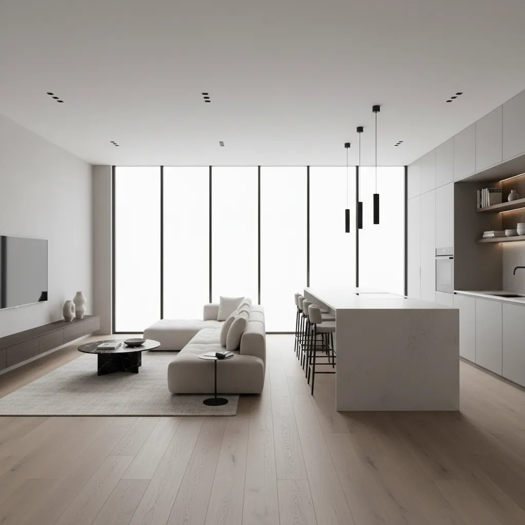 Salón moderno con cocina abierta y grandes ventanales