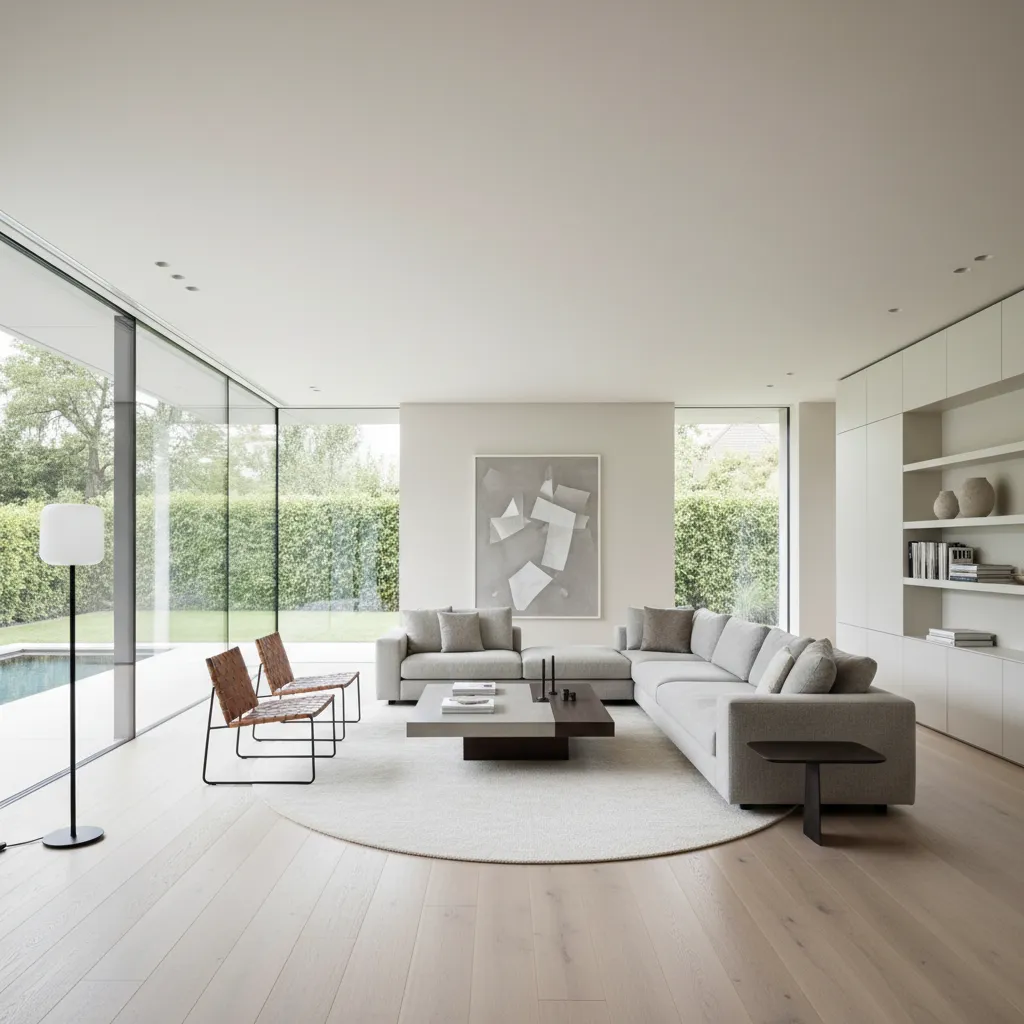 Sala de estar moderna con espacio abierto y grandes ventanales
