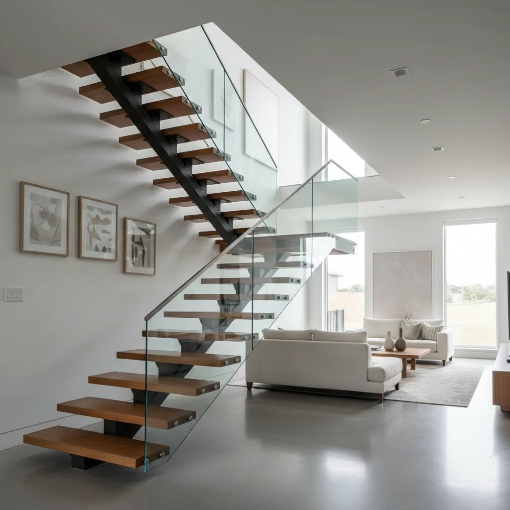 Escalera moderna flotante en interior de casa contemporánea de dos pisos