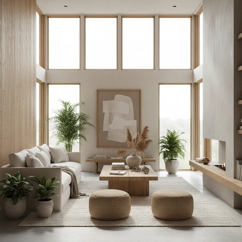 Sala contemporánea con madera natural y decoración minimalista