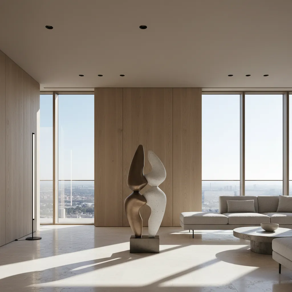 Minimalist living room with wood wall panels large windows city view abstract sculpture and sofa