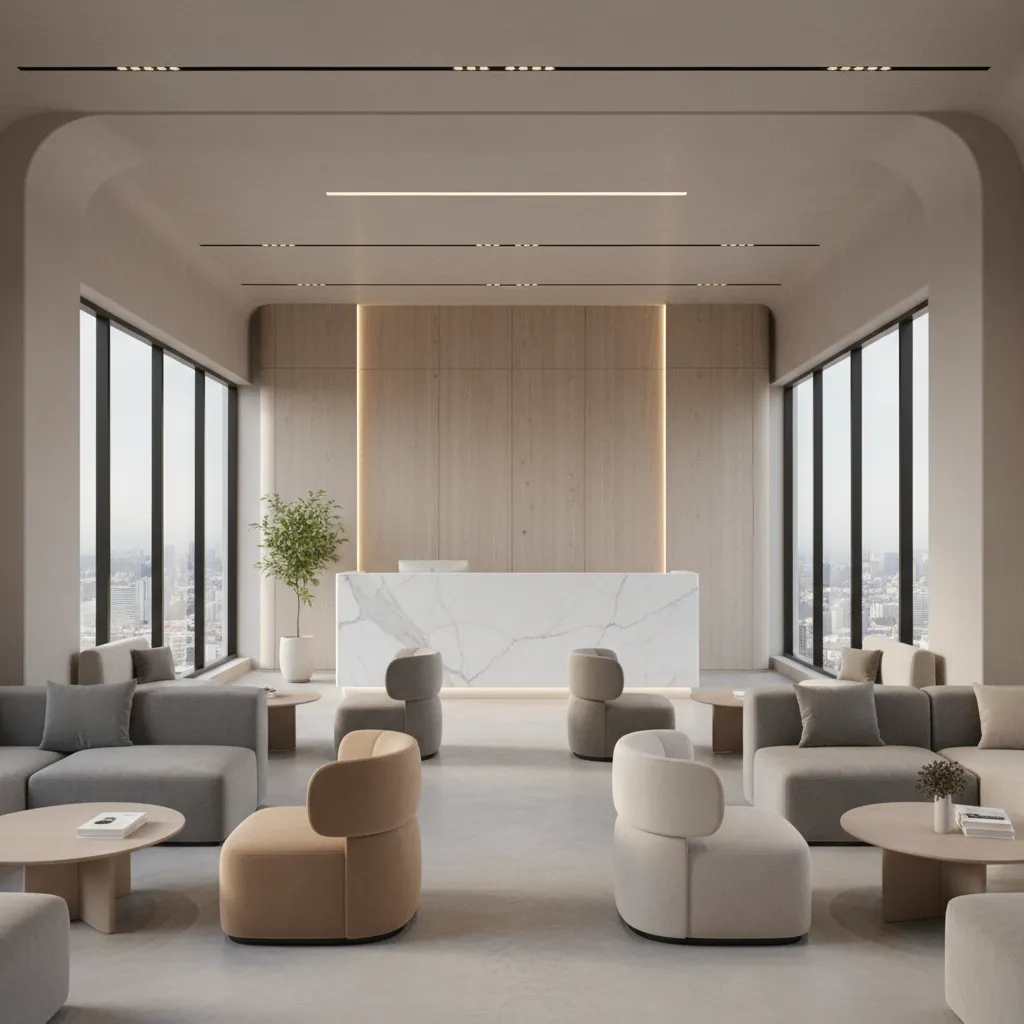 Modern orthodontic clinic reception area with lounge seating and minimalist design