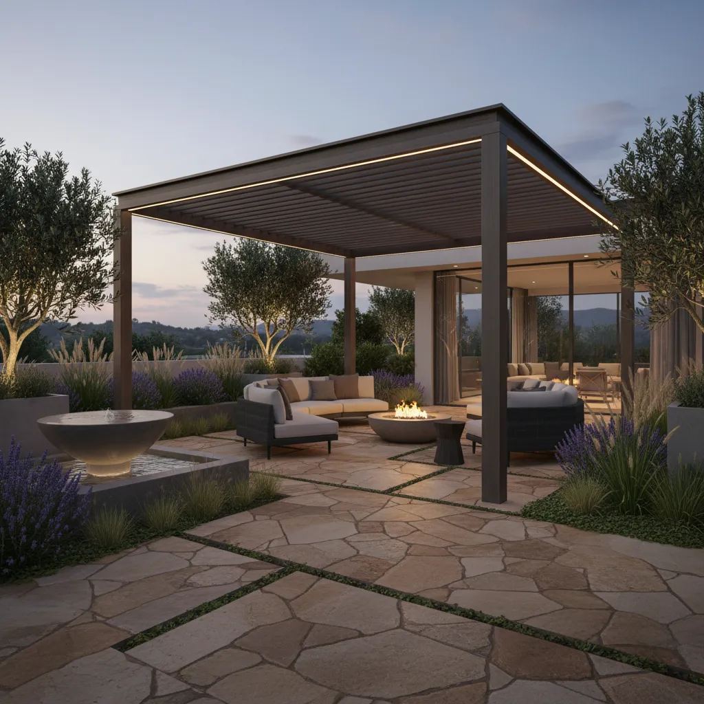 modern outdoor living space with pergola fire pit and patio landscaping