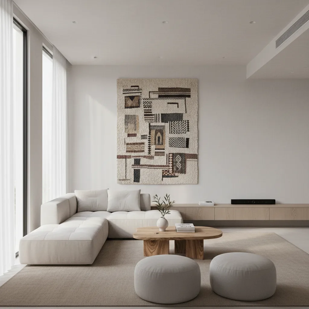 Modern minimalist living room layout with Palestinian textile focal wall