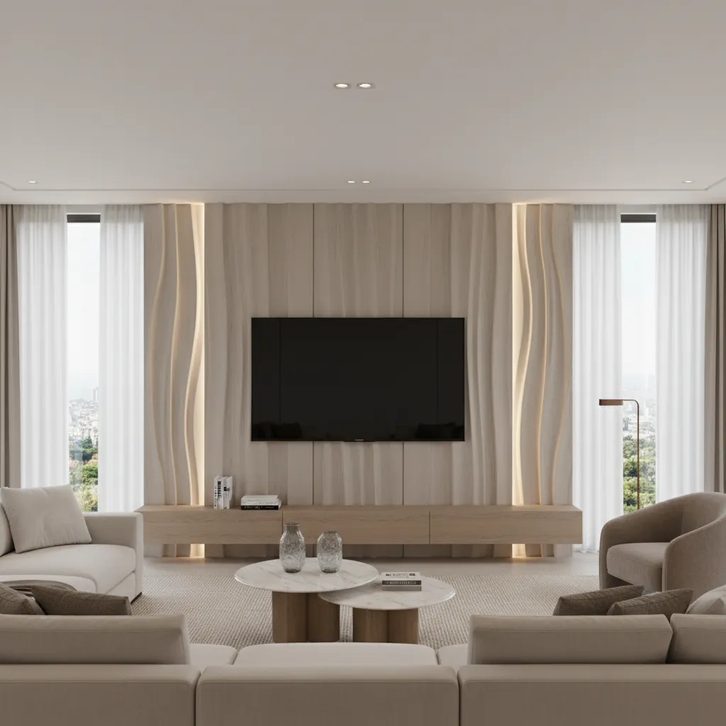 modern living room TV wall with textured panels and minimalist decor
