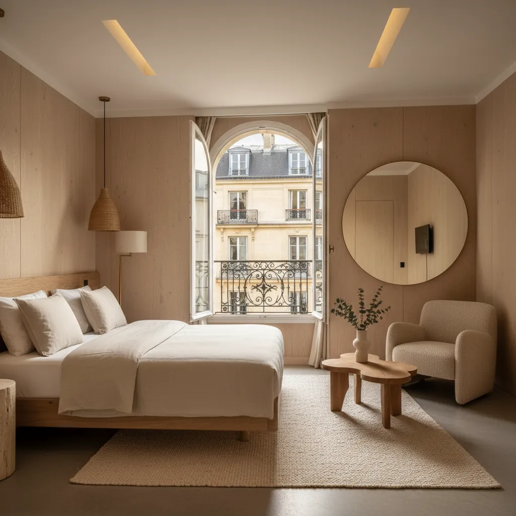 Habitación de hotel boutique moderno en París con materiales naturales