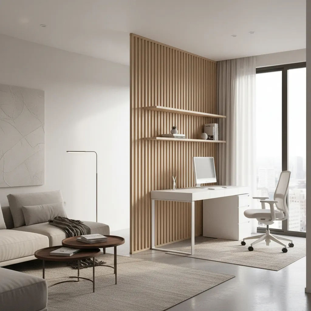 modern partial height divider separating workspace from living area