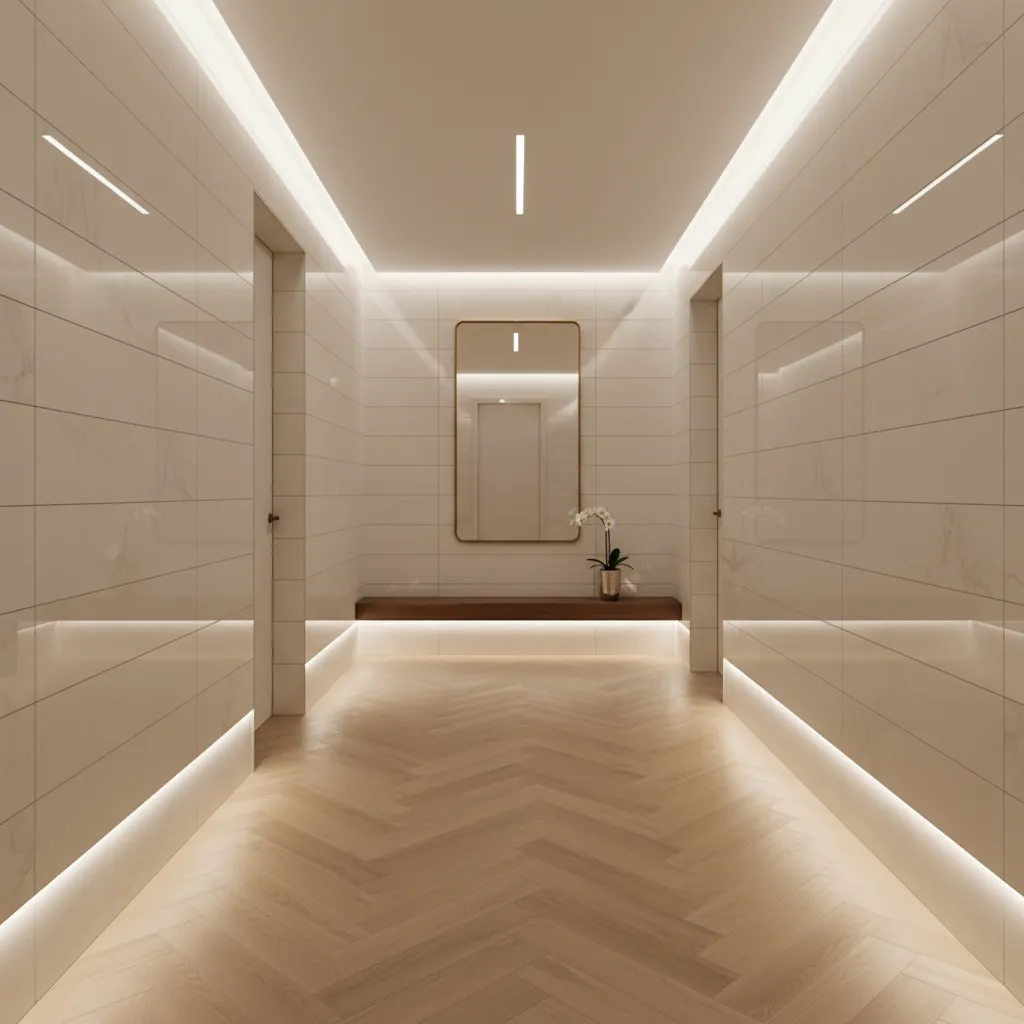 modern home corridor with neutral wall tiles and warm lighting