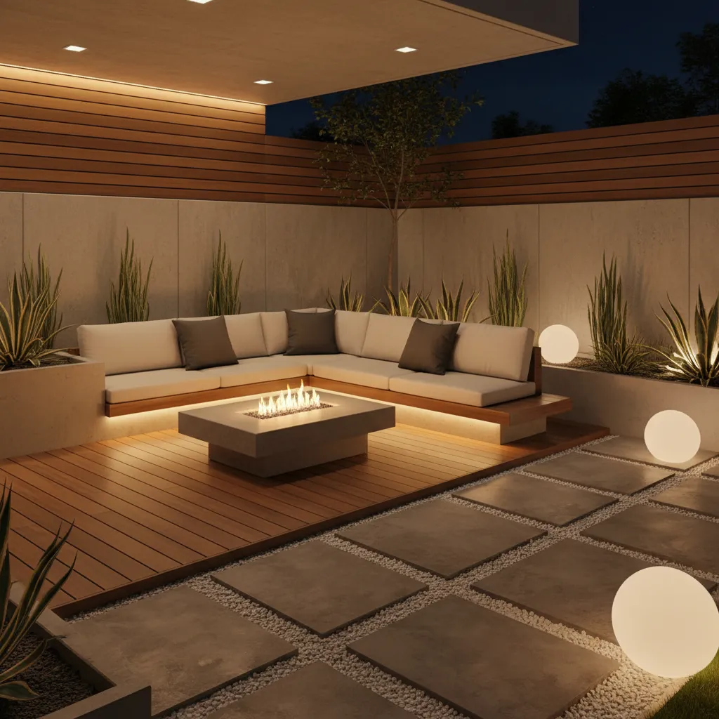 Modern outdoor patio at night featuring a fire pit sofa wood deck and glowing lights