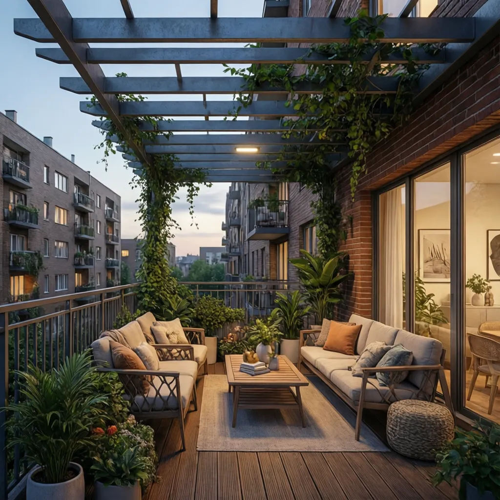 Modern metal pergola balcony roof with plants in urban apartment