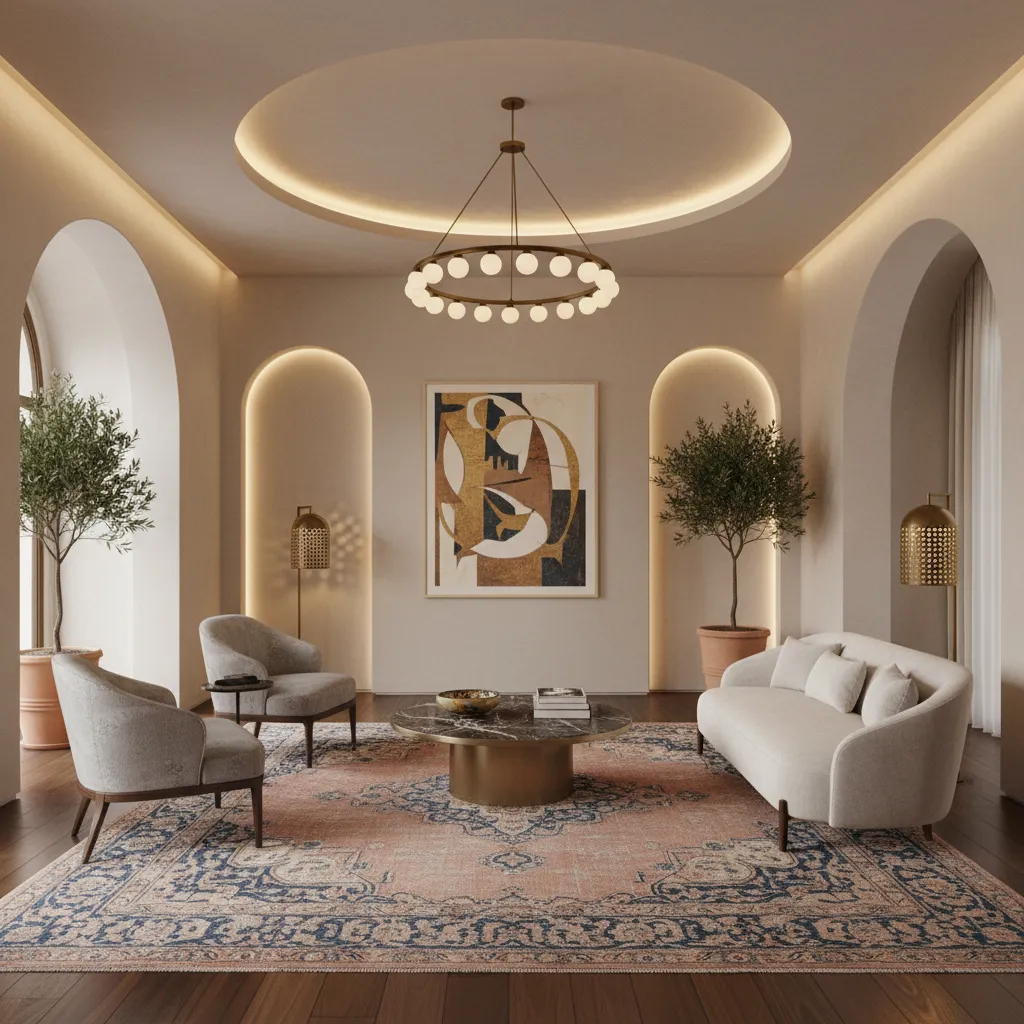 Sala moderna inspirada en diseño persa con alfombra y arcos suaves