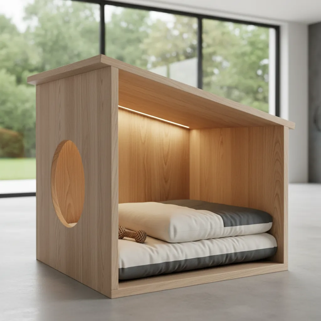 Modern wooden pet house featuring interior light strip soft cushions and a round side entrance