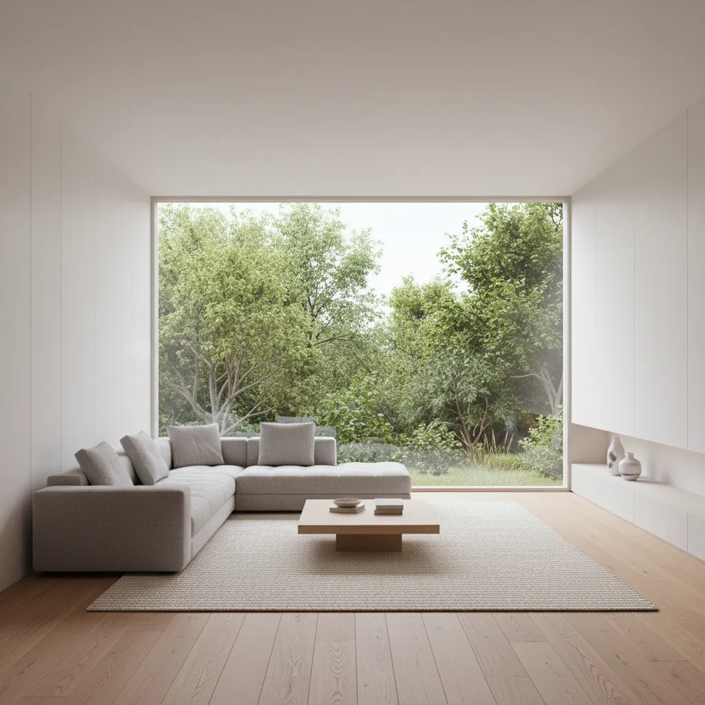 Modern living room featuring large picture window with outdoor view