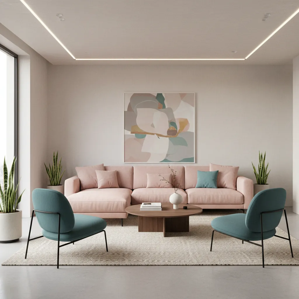 Stylish modern living room with pink sofa teal chairs and neutral decor