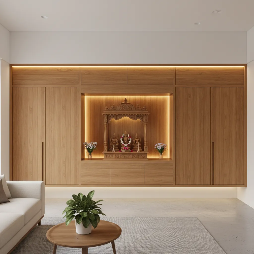 modern pooja cabinet integrated into wardrobe wall