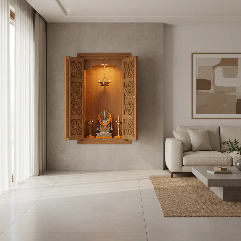 modern wall mounted pooja unit with carved wooden doors and warm temple lighting