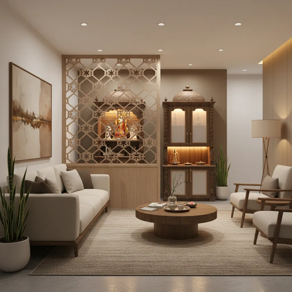 Living room with CNC partition separating pooja space