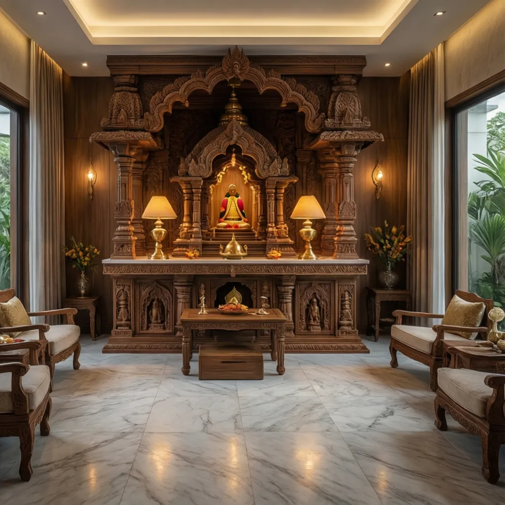 Modern pooja room integrated into contemporary home interior