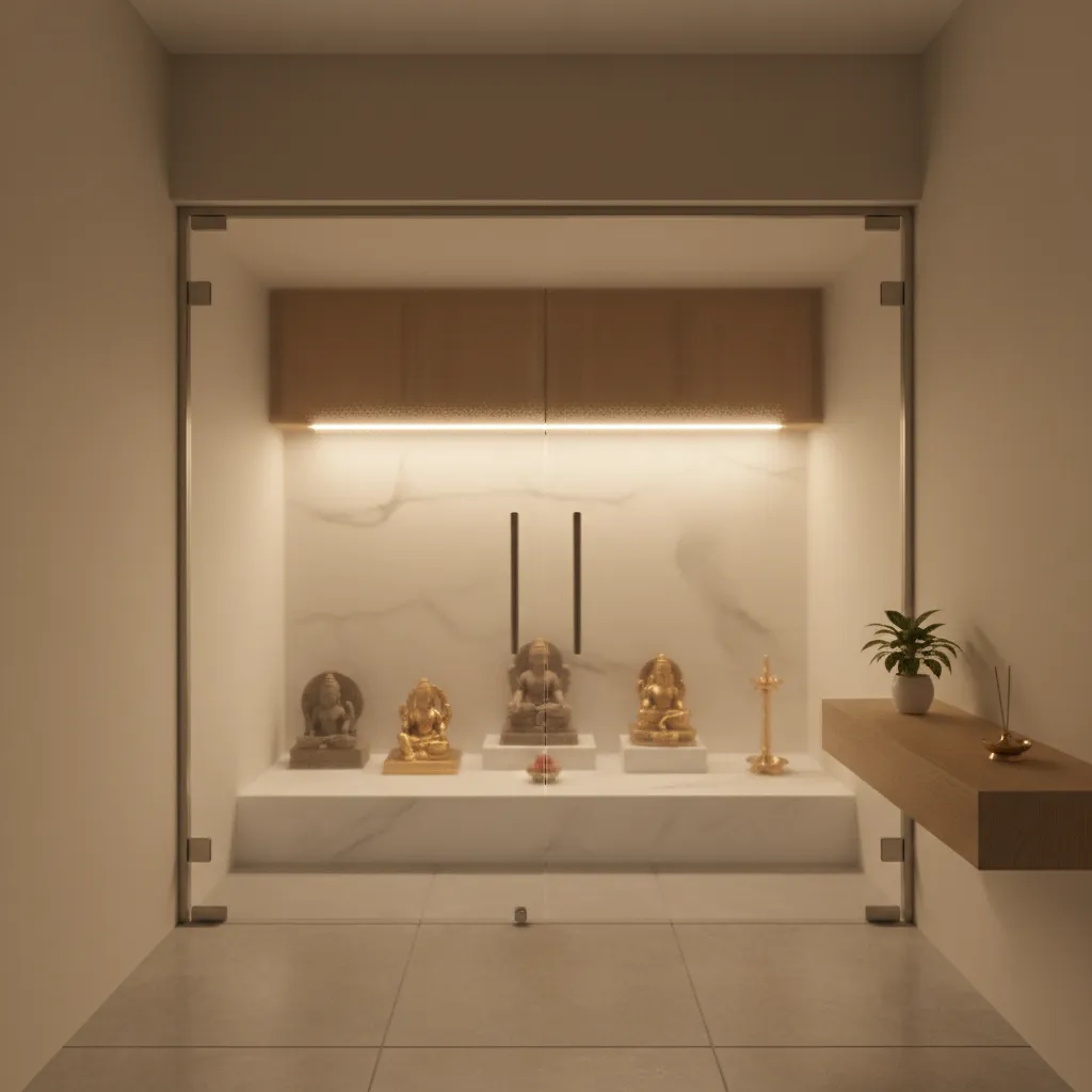 small modern pooja room with frosted glass double doors