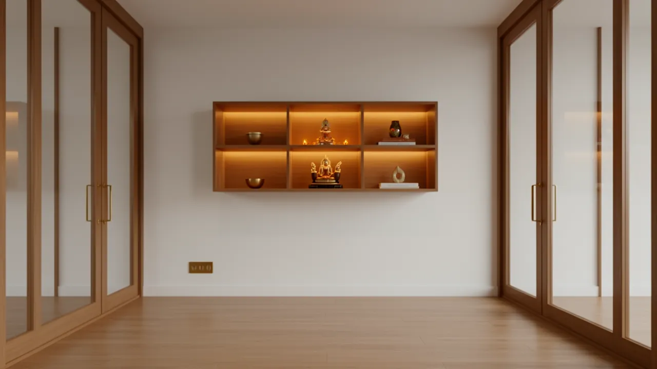 modern pooja room gate combining wood frame and glass panels